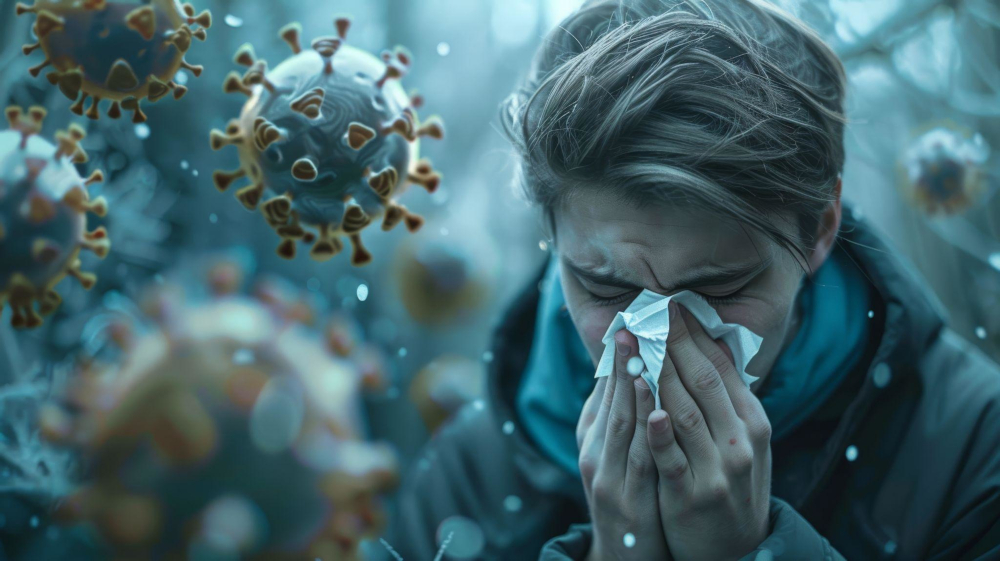 AI image  of European man sneezing and viruses floating in the air