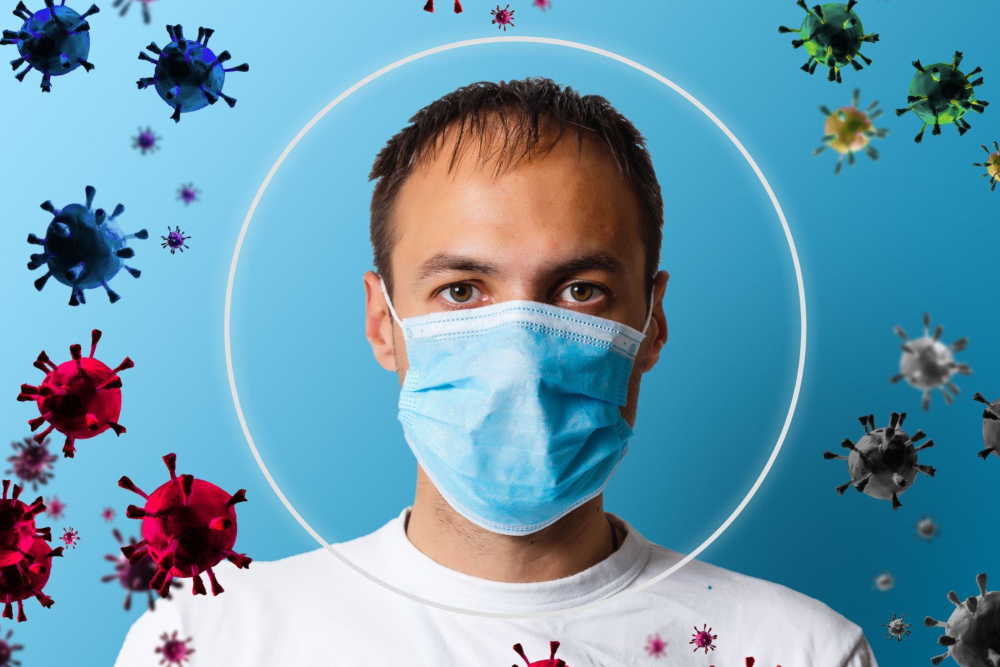 AI image  of european man wearing face mask and virus molecules in the air